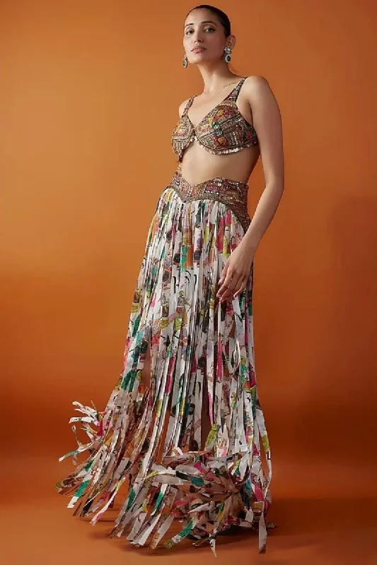 Ivory Crepe Printed Fringe Skirt Set mini skirt trendy