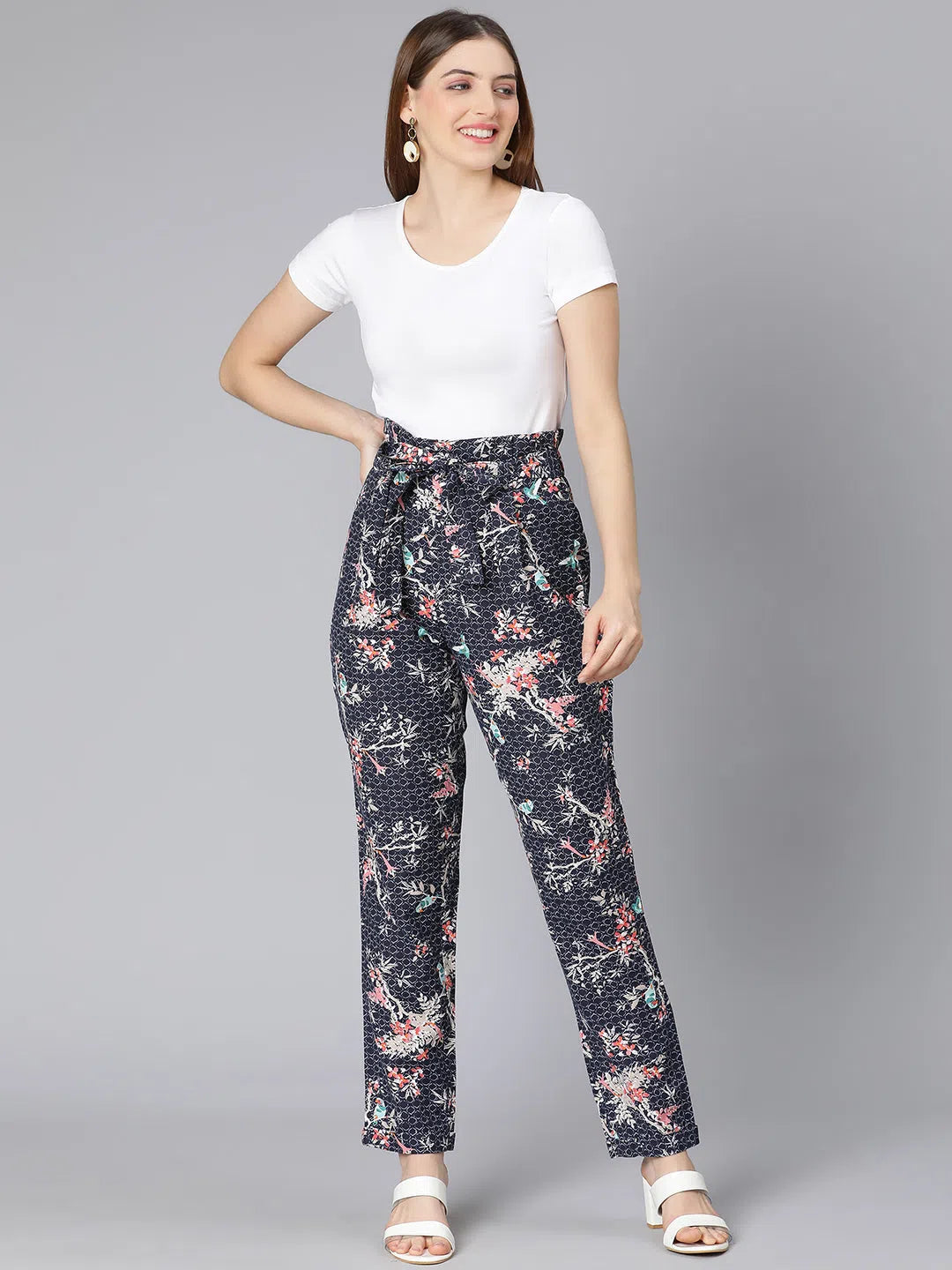 Floral Linen Printed Tie knot women Pant Trendy High-Waist Trousers