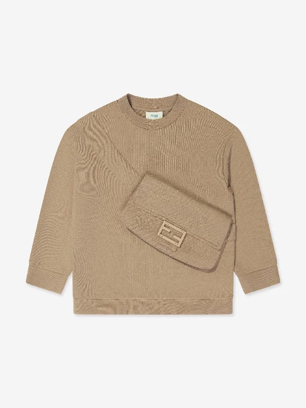 Fendi Kids Baguette Bag Sweatshirt in Brown Hoodie with Fur Luxurious Winter