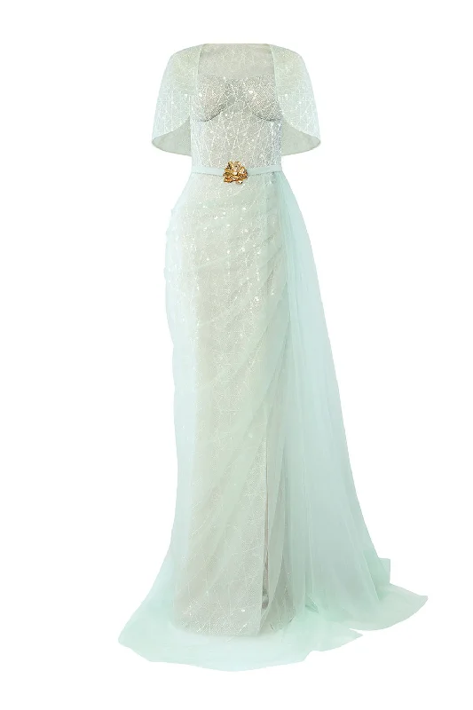 Lyrixa Asymmetric Cape Shoulder Mesh Sequin Floor Length Dress Tunics Fall fleece