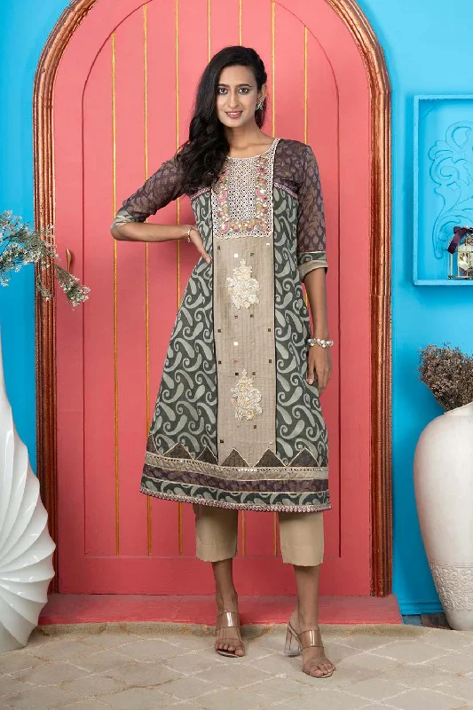 Green Embroidered Silk Anarkali Kurta Pants Set Casual Drawstring Pants