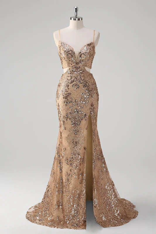 Champagne Mermaid Spaghetti Straps Sequin Hollow Out Prom Dress Tunics Distressed trendy