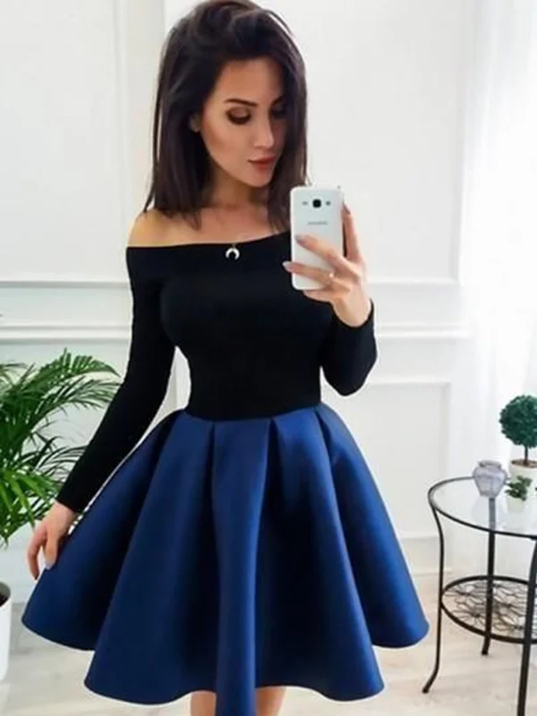 A Line Long Sleeves Short Blue Prom Dresses, Short Blue Long Sleeves Formal Homecoming Dresses Tunics Solid Classic A Line Long Sleeves Short Blue Prom Dresses, Short Blue Long Sleeves Formal Homecoming Dresses Tunics Solid Classic