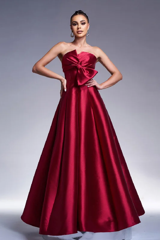 Burgundy A-Line Strapless Satin Prom Dress with Bow Tunics Denim casual