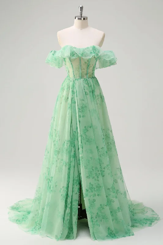 Green A Line Off The Shoulder Corset Ruffled Print Long Prom Dress with Slit Tunics Bestseller popular Green A Line Off The Shoulder Corset Ruffled Print Long Prom Dress with Slit Tunics Bestseller popular