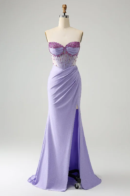 Light Purple Mermaid Strapless Ruched Beaded Corset Prom Dress with Slit sweetheart Neckline Romantic Light Purple Mermaid Strapless Ruched Beaded Corset Prom Dress with Slit sweetheart Neckline Romantic