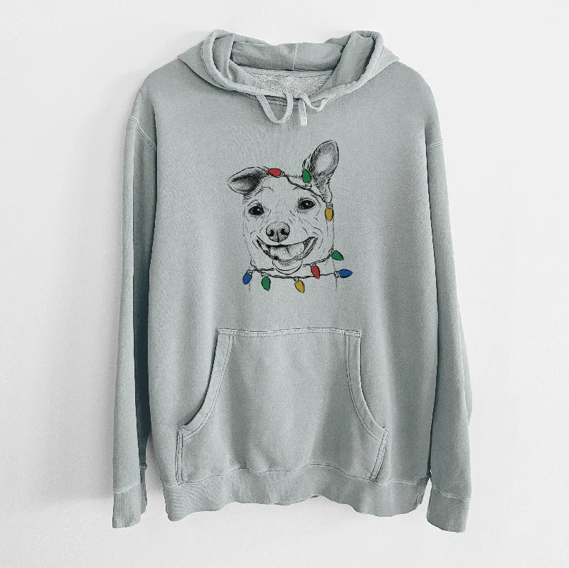 Christmas Lights Mortimer the Mixed Breed - Unisex Pigment Dyed Hoodie Hoodie with Metallic Shiny Futuristic