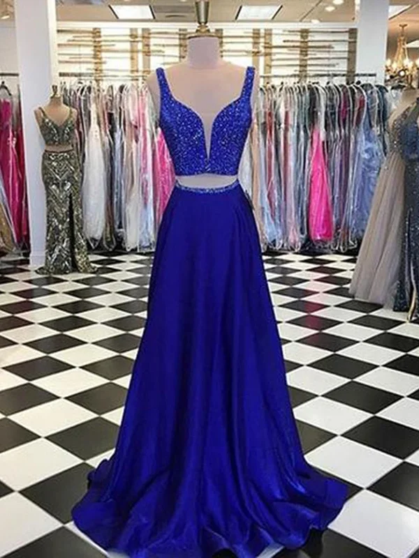 A Line 2 Pieces Royal Blue Beaded Prom Dresses, Royal Blue 2 Pieces Formal Graduation Dresses Tunics Satin smooth A Line 2 Pieces Royal Blue Beaded Prom Dresses, Royal Blue 2 Pieces Formal Graduation Dresses Tunics Satin smooth