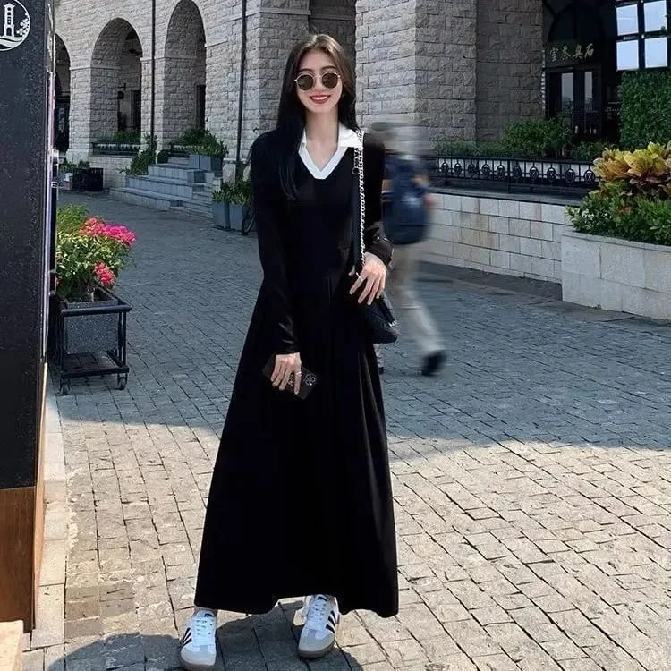 Summer Korean Edition New Fashion Contrast Polo Neck Solid Color Long Dress M 137454 Off-the-shoulder Chic Trendy Summer Korean Edition New Fashion Contrast Polo Neck Solid Color Long Dress M 137454 Off-the-shoulder Chic Trendy
