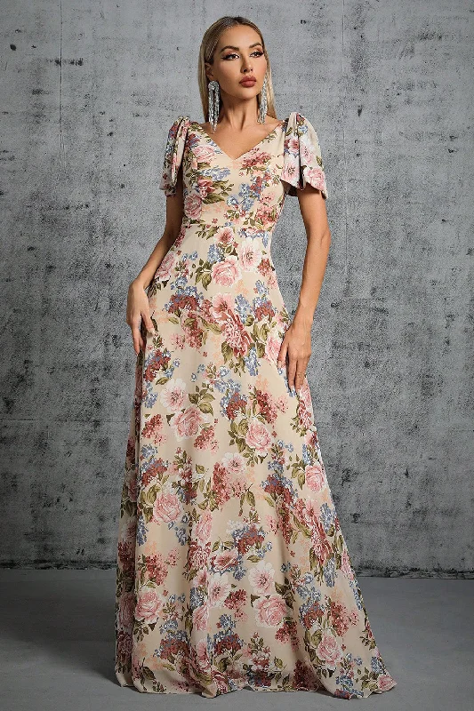 Light Khaki Floral Printed A-Line V-neck Long Prom Dress Tunics Long Elegant