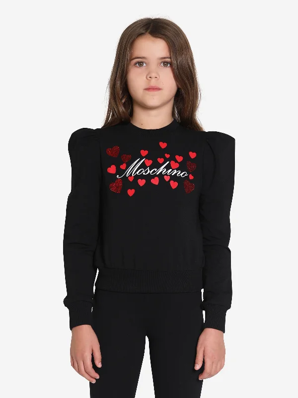 Moschino Girls Hearts Logo Sweatshirt in Black Hoodie with Stripes Bold Sporty