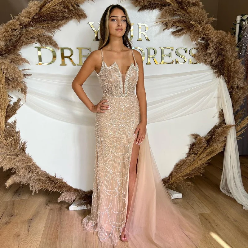 Luxury Nude Spaghetti Evening Dress with Overskirt SS311 Tunics Stylish modern