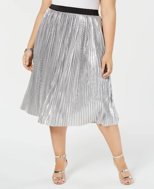 Plus Size Metallic Pleated Midi Skirt leather skirt bold