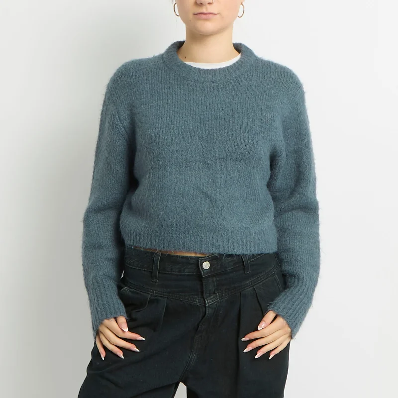 Soft Knit Cropped Round Neck Sweatshirt - UK 12 Hoodie with Hem Fringe Bohemian Relaxed