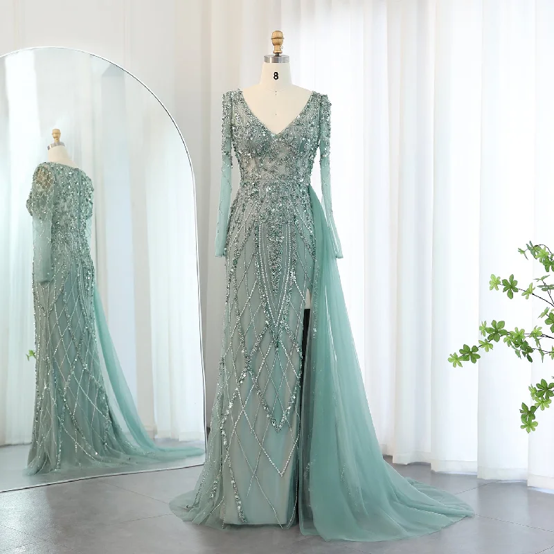 Luxury Green Long Sleeves Evening Dress with Overskirt SS181 Tunics Mesh breathable