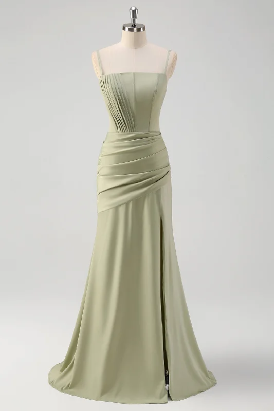 Sage Mermaid Spaghetti Straps Ruched Corset Long Prom Dress with Slit Tunics Winter warm Sage Mermaid Spaghetti Straps Ruched Corset Long Prom Dress with Slit Tunics Winter warm