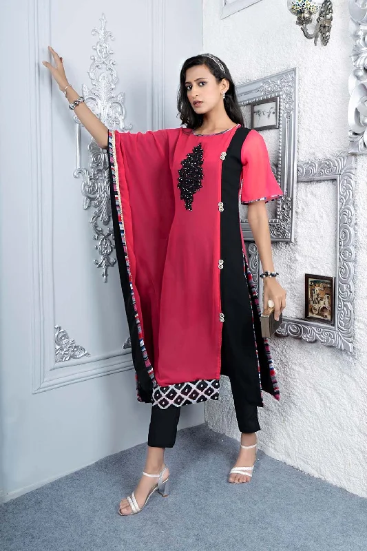 Pink Embroidered Georgette Asymmetrical Kurta Pants Set Comfy Zip-Up Pants