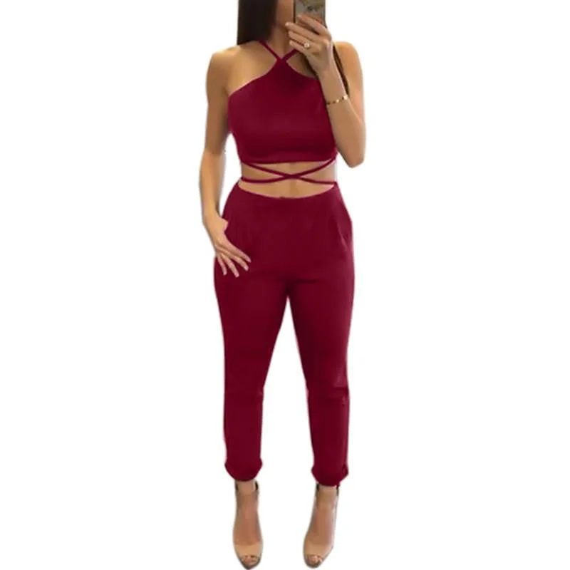 Women Two Piece bandage Set jumpsuit Rompers Womens Jumpsuit Long Pants 2 Piece Set Women Short Crop Tops Bodycon Playsuit Soft Sweatpants Style