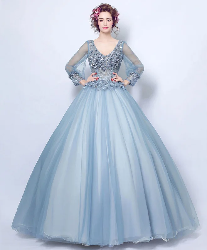 Blue V Neck Tulle Lace Long Prom Dress, Blue Lace Evening Dress Tunics Formal black