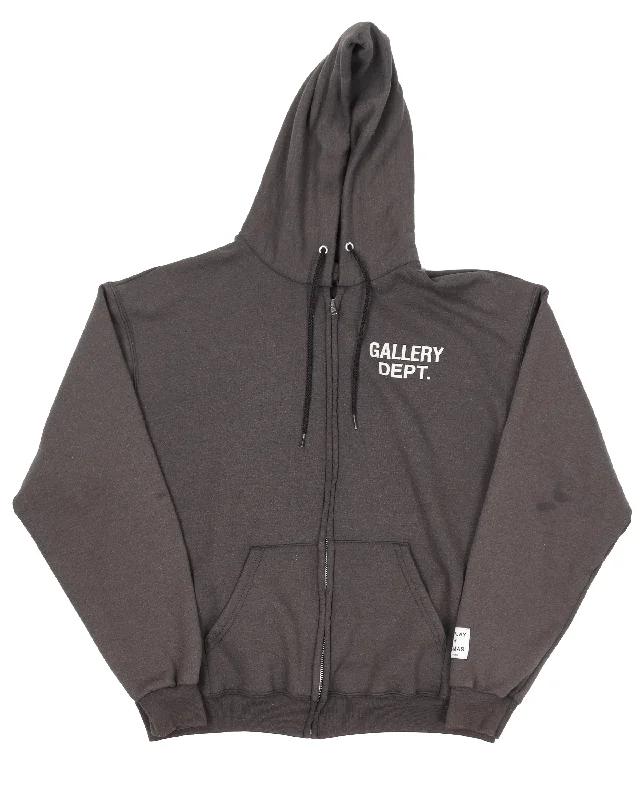 Logo-Print Zip-Up Hoodie Hoodie with Hem Raw Edge Edgy Unfinished