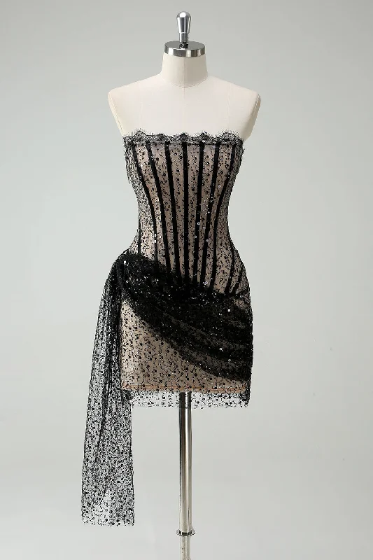 Sparkly Black Strapless Sequin Short Prom Dress with Streamer Tunics Leisure comfortable