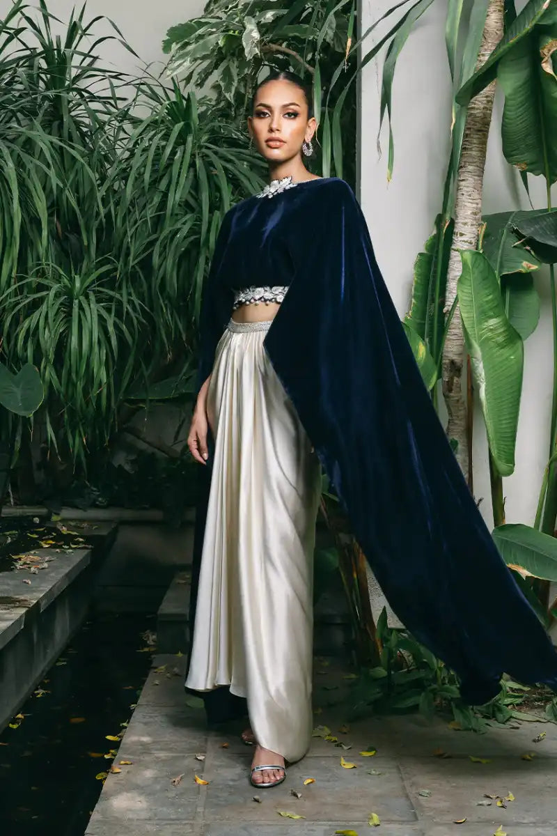 Sania Maskatiya - Durre - Velvet & Charmeuse - midnight blue - Top & Skirt - 2 Piece wool skirt warm