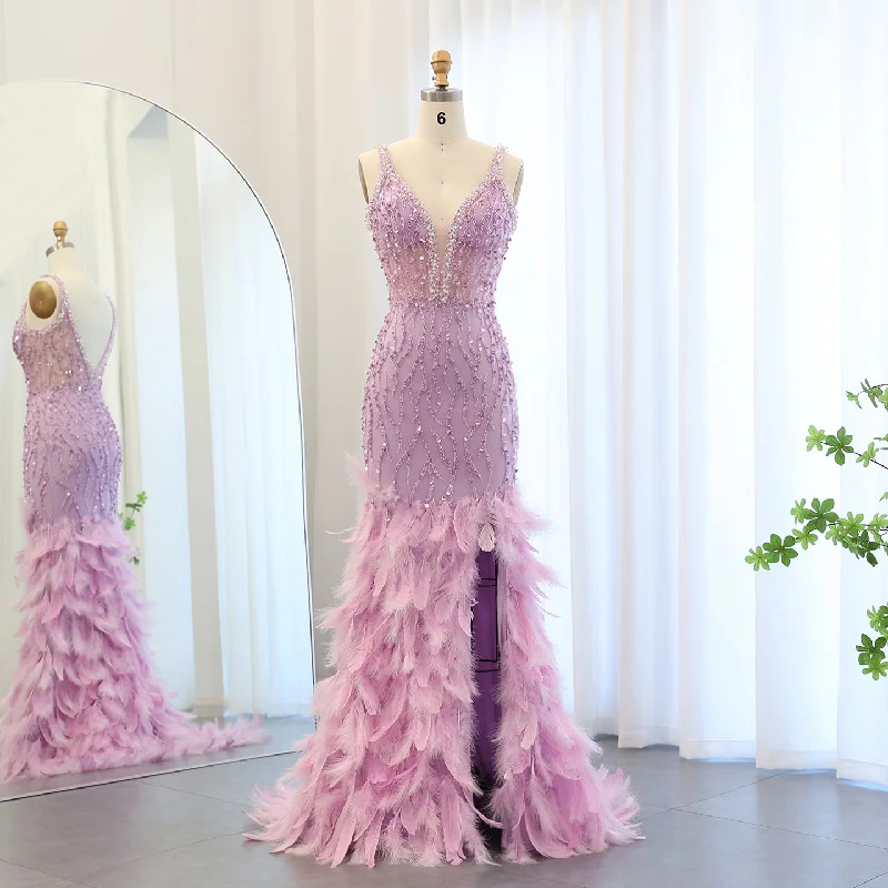 Luxury Feathers Pink Spaghetti Evening Dress with Slit SS184 Halter Neckline Beach
