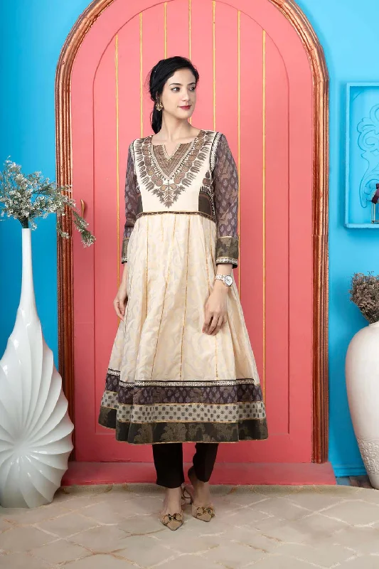 Beige Embroidered Silk Anarkali Kurta Pants Set Soft Stretch Trousers