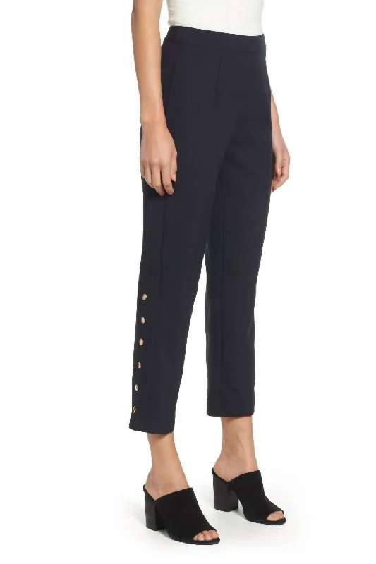 Women's Snap Side Button Crop Ankle Pants In Navy Blue Relaxed Casual Leggings