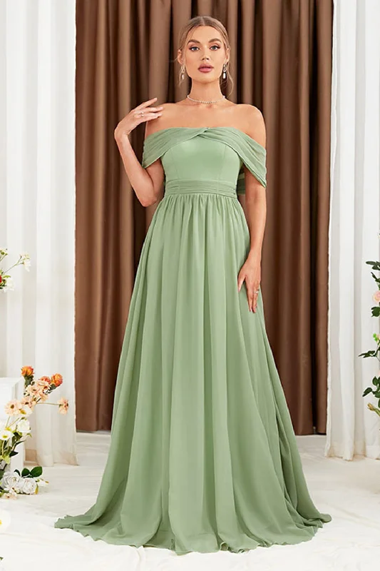 Green A-Line Off the Shoulder Chiffon Long Prom Dress Tunics Fashionable trendy
