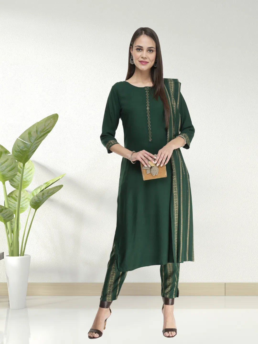 Royal Green Kurta Pant Set With Dupatta Casual Sweatpants Style