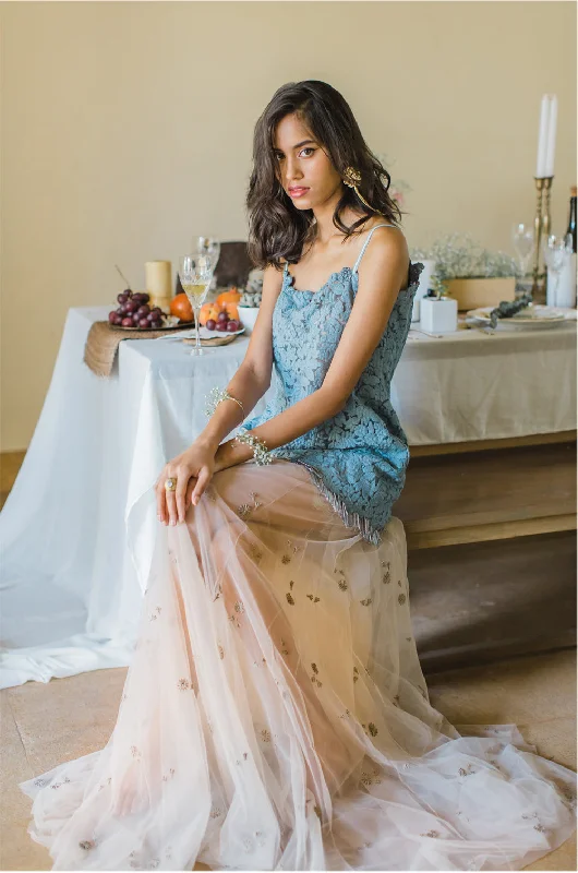 Blue Tasseled Lace Top with Tulle taupe skirt velvet skirt sumptuous