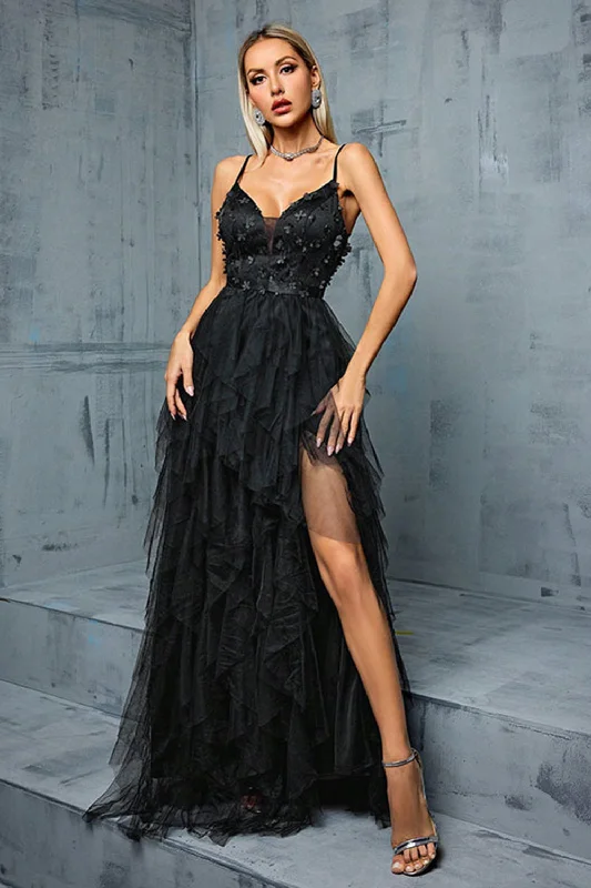 Black A-Line Spaghetti Straps Flowers Ruffles Tulle Long Prom Dress with Slit Tunics Long Elegant Black A-Line Spaghetti Straps Flowers Ruffles Tulle Long Prom Dress with Slit Tunics Long Elegant