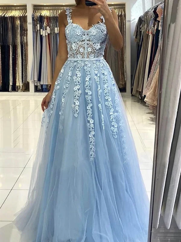 Blue Lace Prom Dresses with Straps, Blue Lace Formal Evening Graduation Dresses Tunics Denim casual