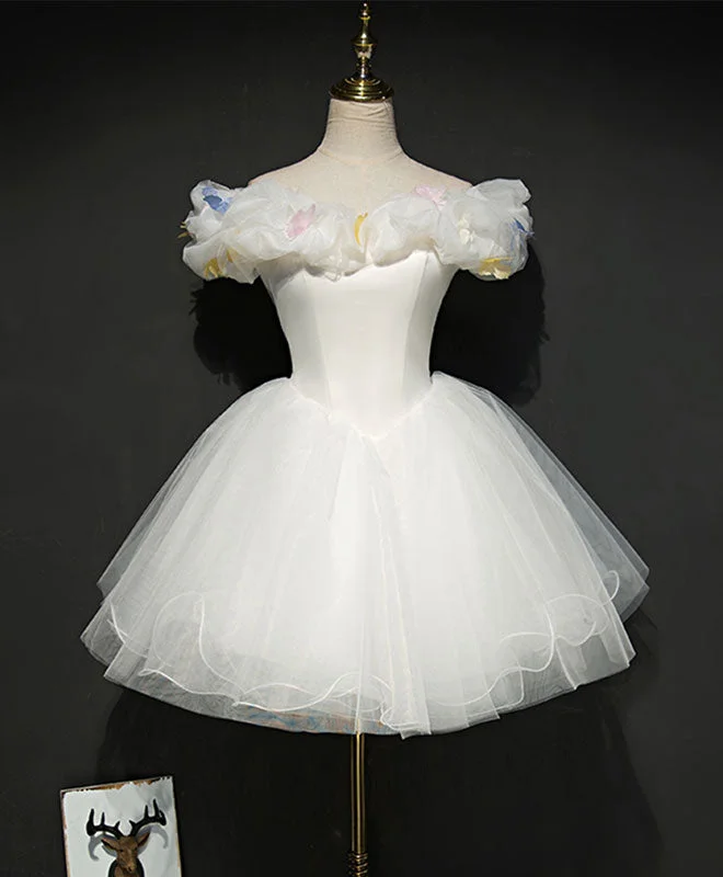 Cute White Tulle Short Prom Gown, White Homecoming Dress Tunics Lace romantic