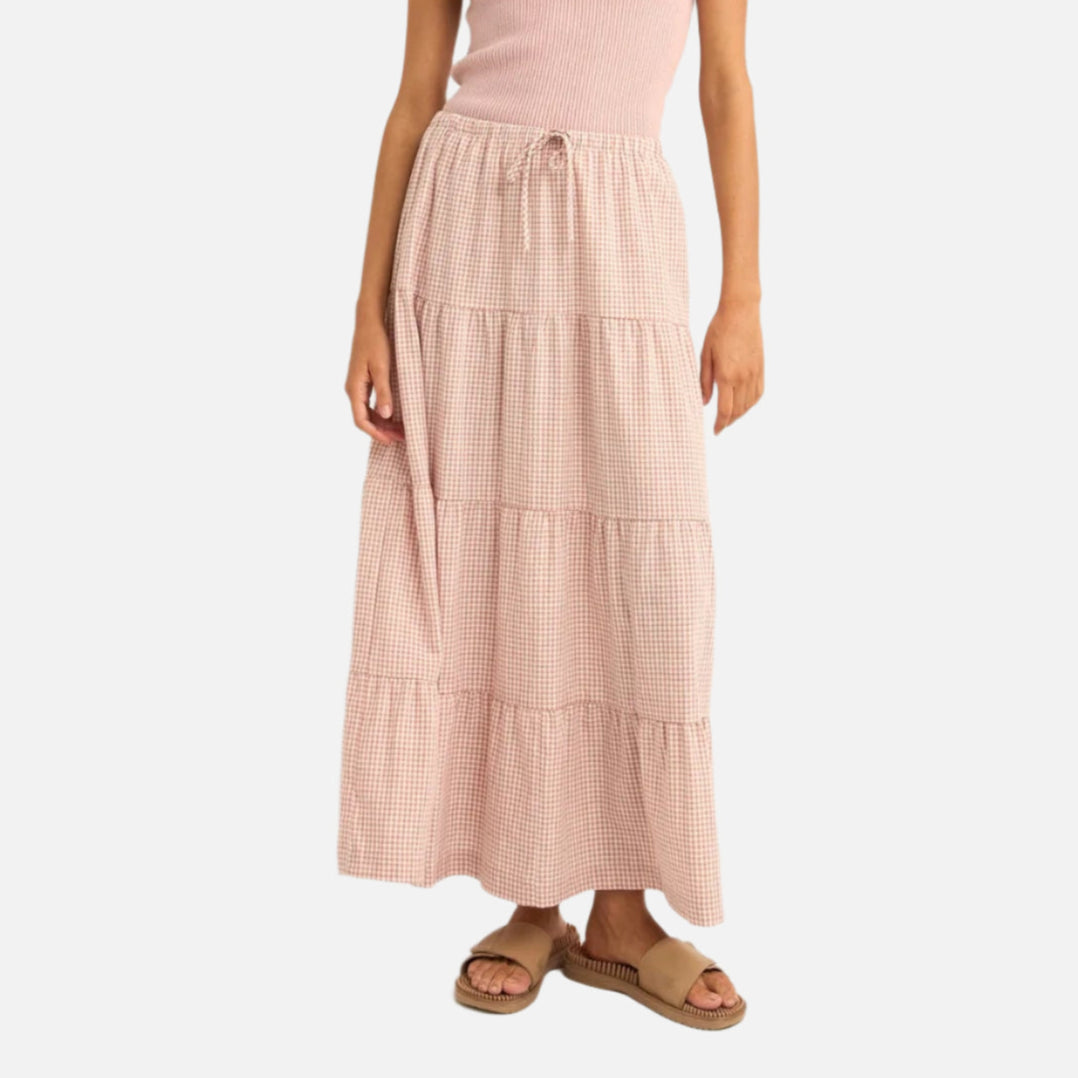 Rhythm Lola Checked Tiered Maxi Skirt - Dusty Pink breathable skirt fabric