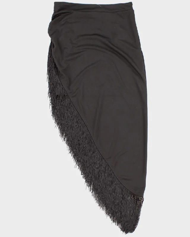 Vintage Women's Black Asymmetric Fringe Skirt - M a-line skirt cut