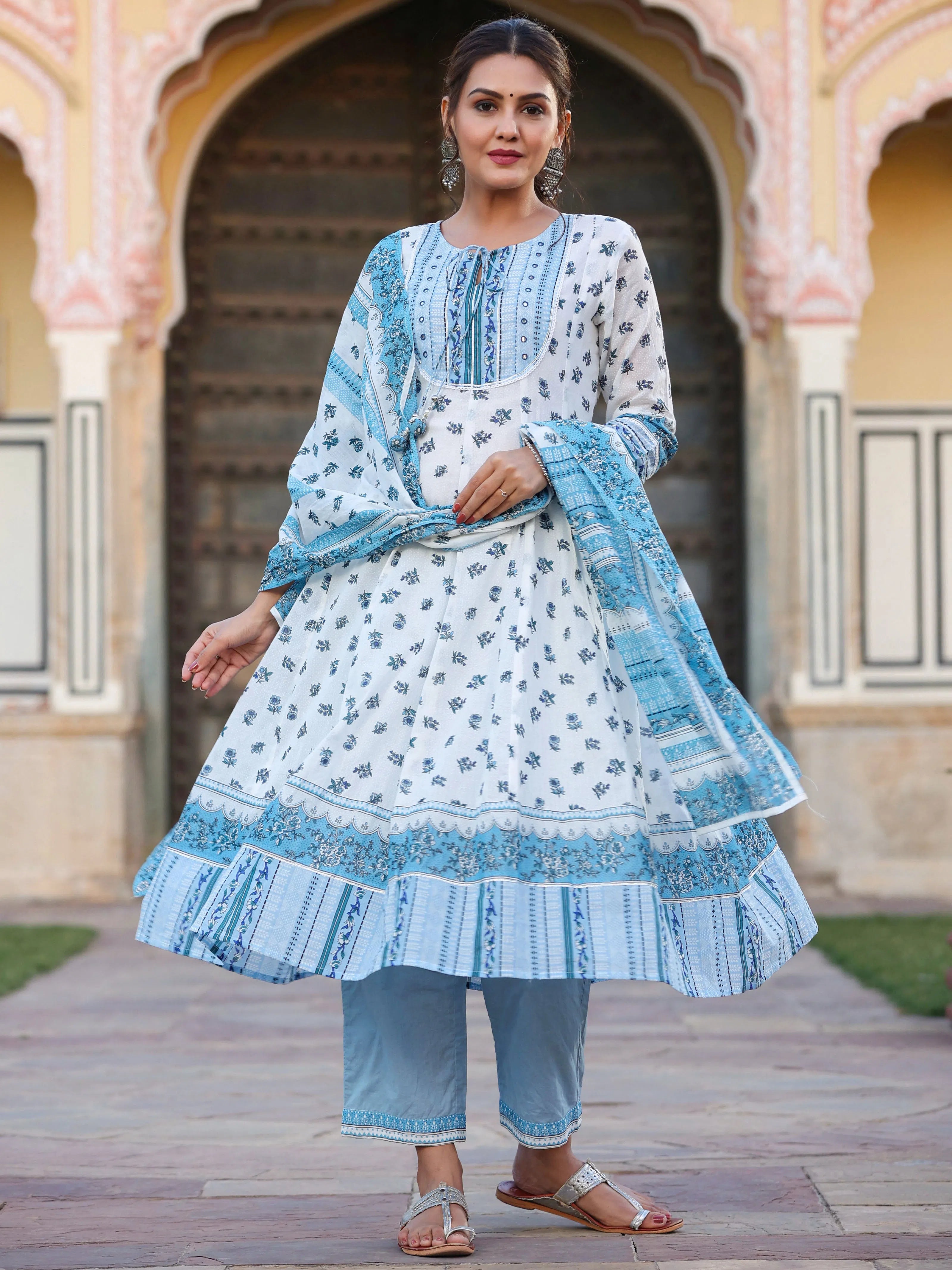 Juniper Women'S White Cotton Voile Floral Printed Kurta With Cambric Straight Pant And Voile Duptta Stylish Elastic Waist Pants