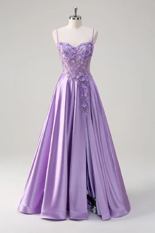 Purple A Line Spaghetti Straps Floral Long Prom Dress with Slit Square Neckline Feminine Purple A Line Spaghetti Straps Floral Long Prom Dress with Slit Square Neckline Feminine