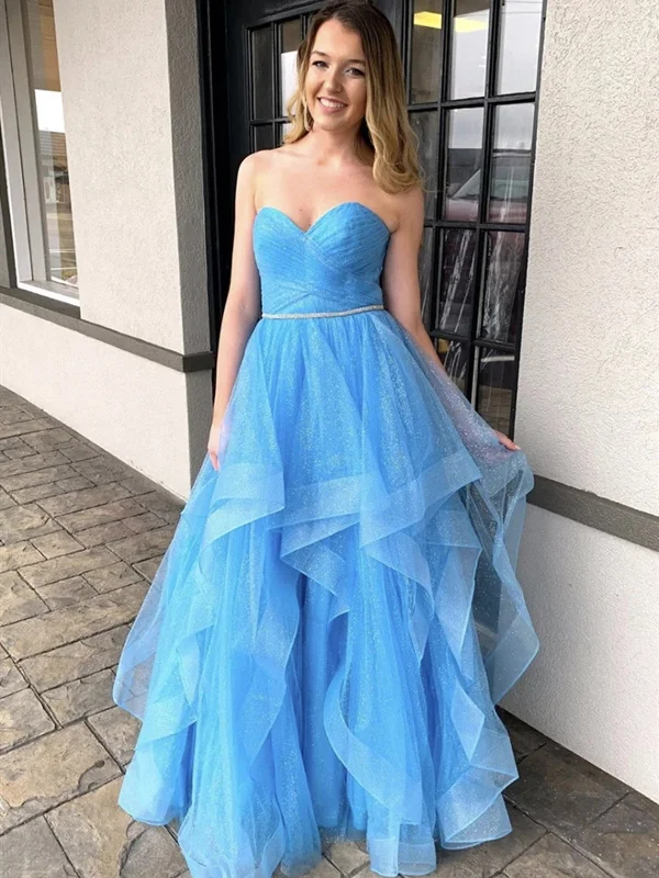 Sweetheart Neck Light Blue Long Prom Dresses, Shiny Blue Formal Evening Graduation Dresses Tunics Silk luxurious