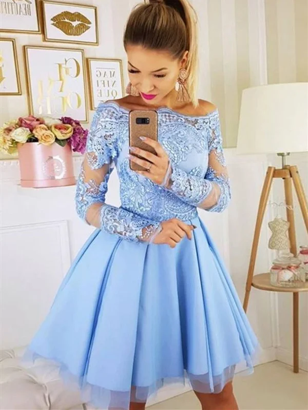 Long Sleeves Light Blue Short Lace Prom Dresses, Short Blue Lace Formal Homecoming Dresses Tunics Stylish elegant Long Sleeves Light Blue Short Lace Prom Dresses, Short Blue Lace Formal Homecoming Dresses Tunics Stylish elegant