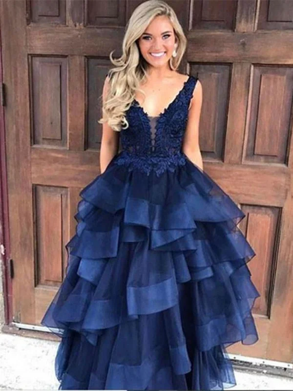 V Neck Navy Blue Lace Prom Dress, Lace Prom Gown, Dark Blue Evening Dress Tunics Stylish elegant V Neck Navy Blue Lace Prom Dress, Lace Prom Gown, Dark Blue Evening Dress Tunics Stylish elegant