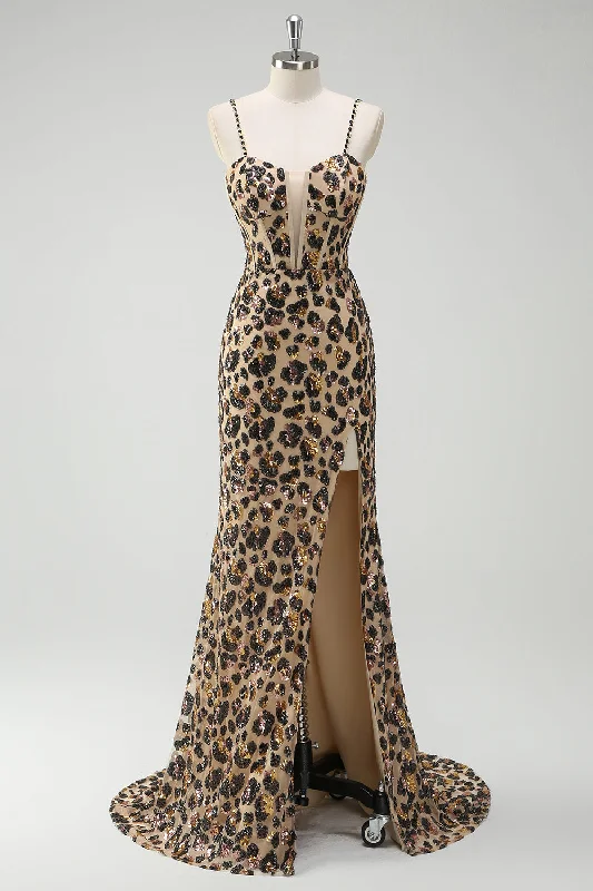Khaki Leopard Sequins Mermaid Spaghetti Straps Long Corset Dress with Slit Tunics Versatile all-occasion Khaki Leopard Sequins Mermaid Spaghetti Straps Long Corset Dress with Slit Tunics Versatile all-occasion