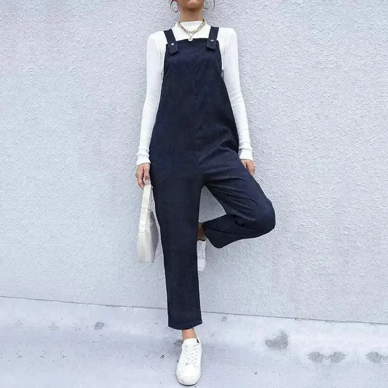 Women's Autumn Warm Corduroy Loose Solid Color Suspender Pants Stylish Slim Trousers
