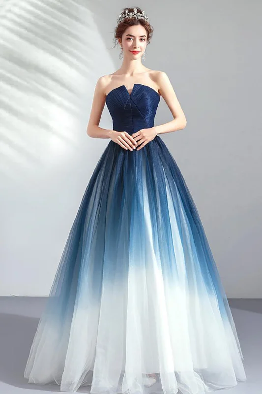 Navy A Line Strapless Tulle Pleated Long Prom Dress Tunics Review highly