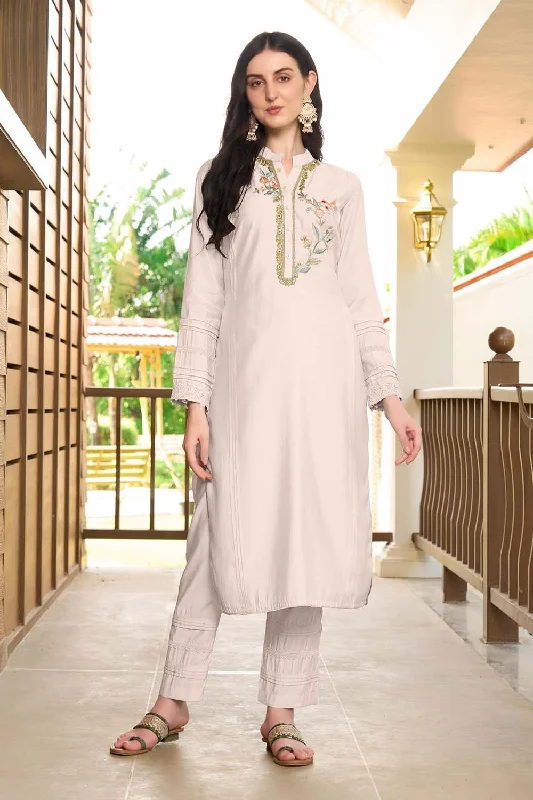 Off White Hand Embroidery Art Silk Straight Cut Pants Kurta Set High-Waist Yoga Pants