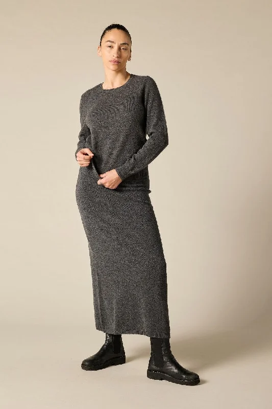 Pure Cashmere Maxi Skirt in Charcoal Marle Grey maxi skirt elegant