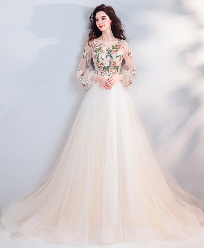 Light Champagne Tulle Lace Long Prom Dress, Champagne Tulle Evening Dress Tunics Print Colorful Light Champagne Tulle Lace Long Prom Dress, Champagne Tulle Evening Dress Tunics Print Colorful