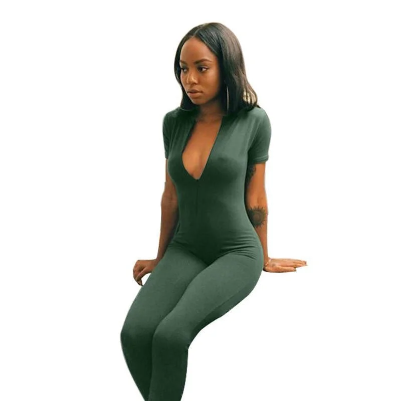 Womens Jumpsuit Polyester style women deep v neck jumpsuit Brand long pants jumpsuits Green overall women Classic Straight Pants