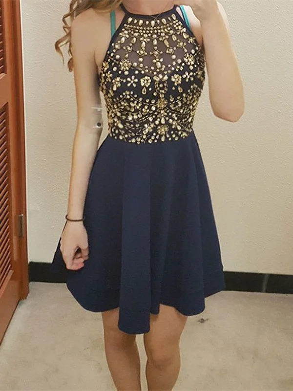 Custom Made Round Neck Short Navy Blue Prom Dresses, Navy Blue Graduation Dress, Short Navy Blue Homecoming Dresses Tunics Solid Classic Custom Made Round Neck Short Navy Blue Prom Dresses, Navy Blue Graduation Dress, Short Navy Blue Homecoming Dresses Tunics Solid Classic